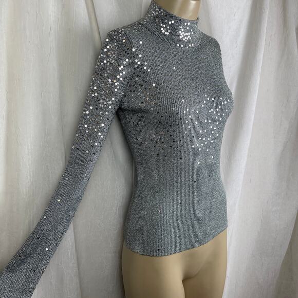 VTG Y2K Once Again Silver Sequin Mock Turtle Neck Sweater Shimmery Sparkly Sz M - Picture 7 of 16